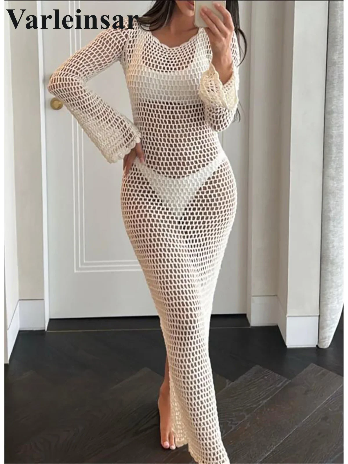 

New Hollow Out See Through Backless Crochet Knitted Tunic Beach Cover Up Cover-ups Beach Dress Beach Wear Beachwear Female V5993