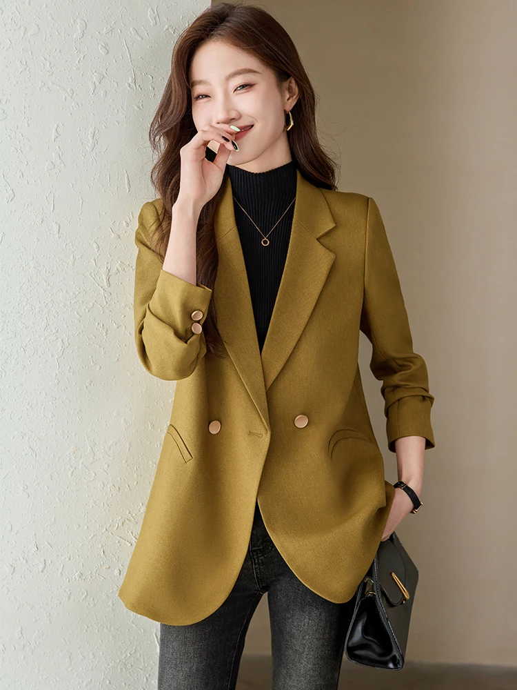 Jaqueta casual monocromática de manga comprida feminina, blazer feminino, amarelo, preto, damasco, fêmea, outono, inverno