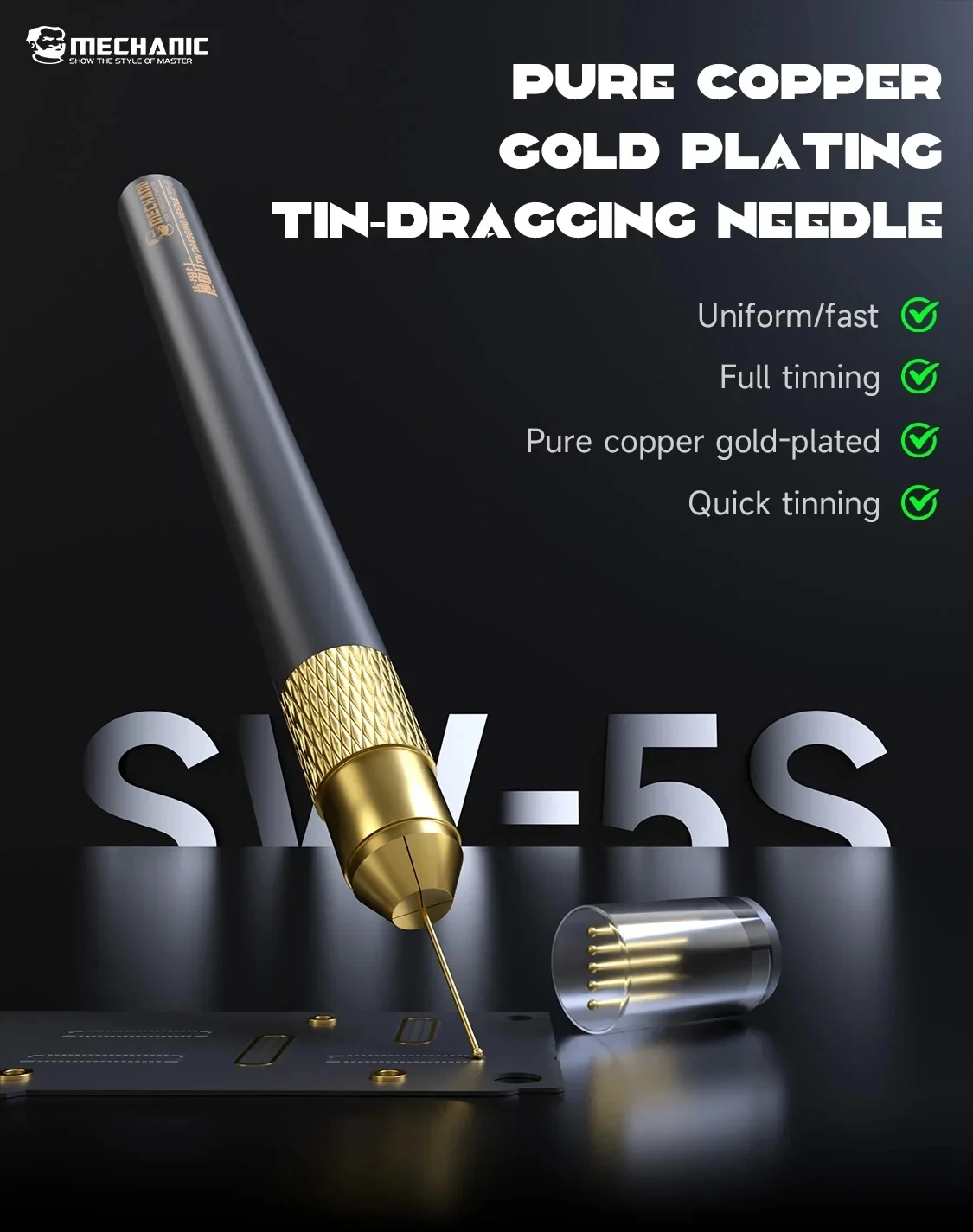 MECHANIC SW-5S Pure Copper Gold Plating Tin-Dragging 5 Needles Ball Head Soldering Pen for Inline Seat PCB IC Repair Tool Set