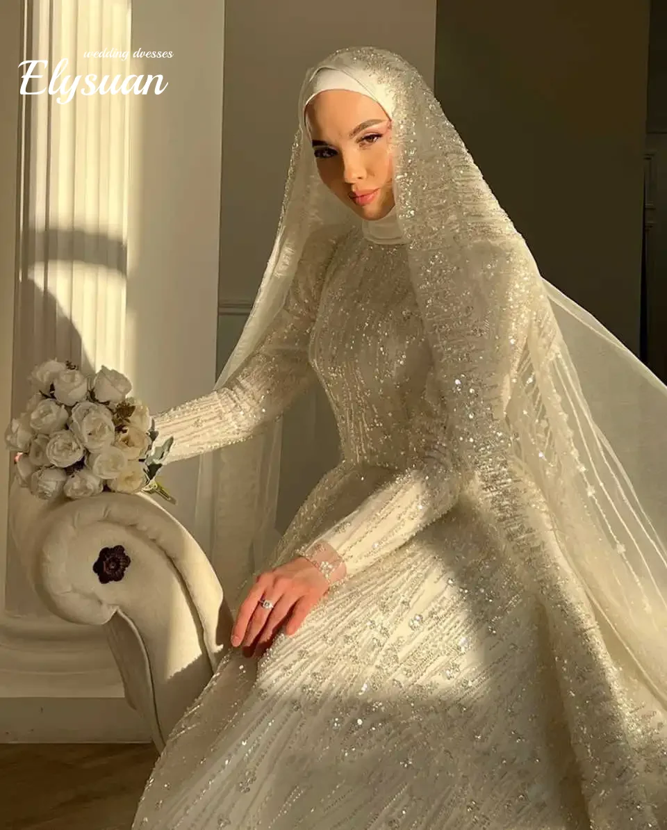Customized Muslim a Line Wedding Dress High Neck Bride Gowns Sweep Train Bridal Dresses