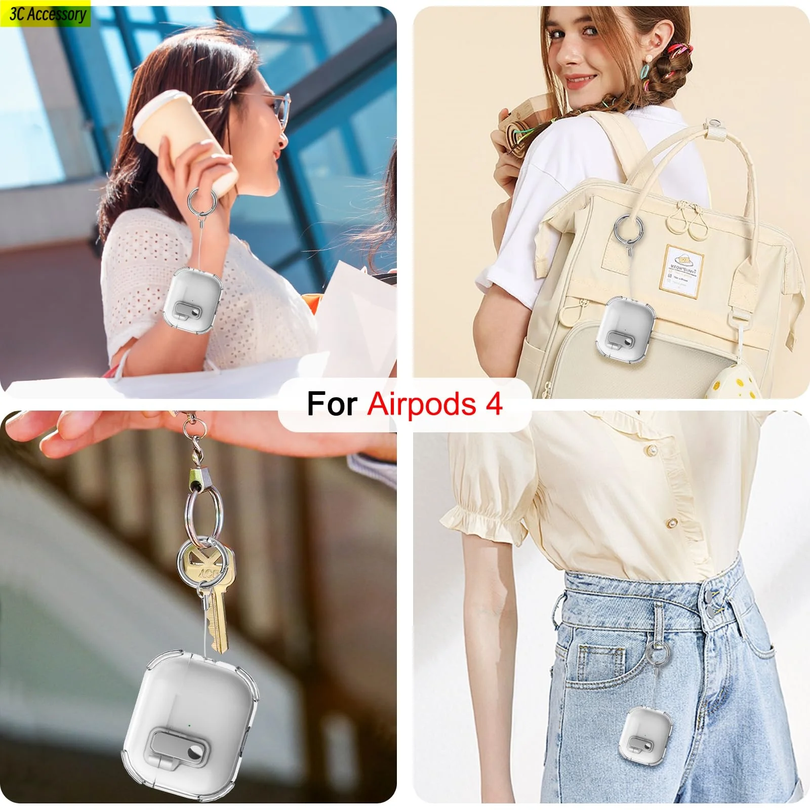 Custodia per AirPods 4 2024 Design con blocco sicuro Coperchio ribaltabile automatico TPU Paraurti traslucido Custodia antiurto per AirPod4 Pro con moschettone