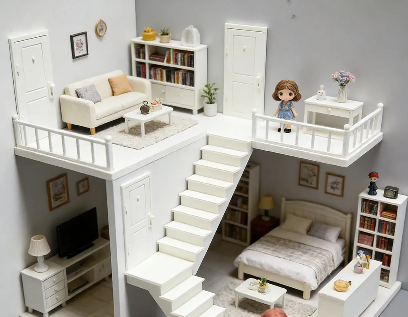 

Масштабная лестница для кукольного домика 1:12 с дверями, миниатюрный белый аксессуар для лестницы в стиле лофт, декор для диорамы своими руками для кукольной сцены