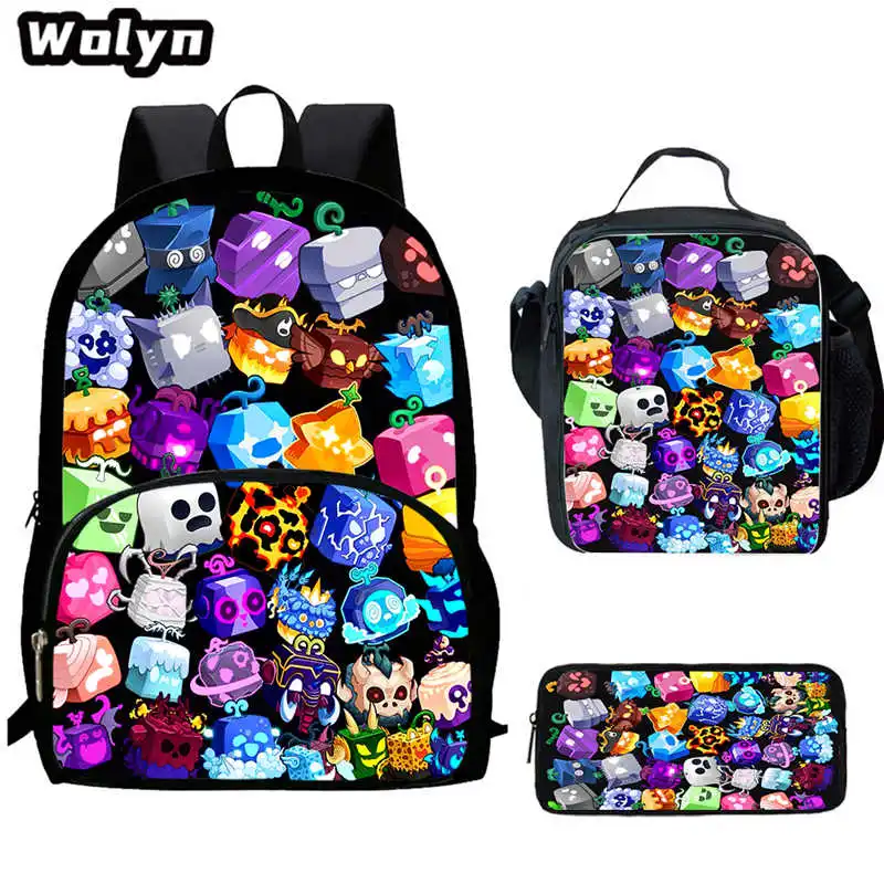 3Pcs Set Blox Prints Fruits School Backpacks with Lunch Bag,Pencil Case,Cartoon School Bags for Boys Girls,School Bag Set