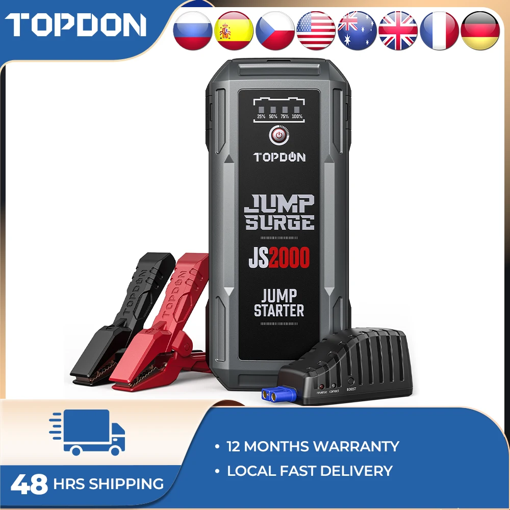 TOPDON JS2000 2000A Jump Starter 12V Power Bank Car Starting Device 16000Mah For 8.0L/6.0L Emergency Car Battery Jump Starter