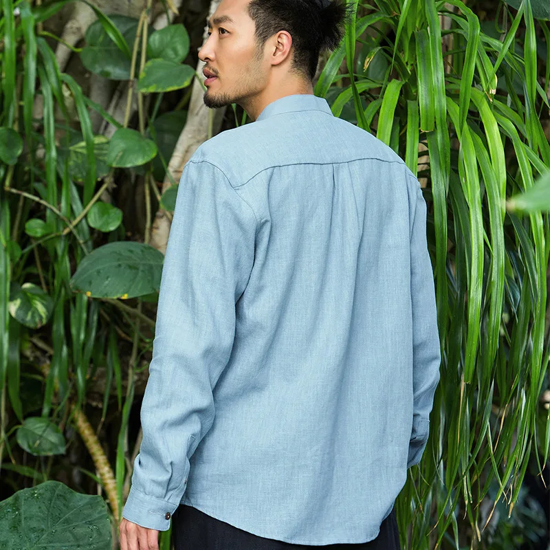 

Stand Collar Casual Coconut Button Shirt Ramie Loose Solid Color Blue Shirt
