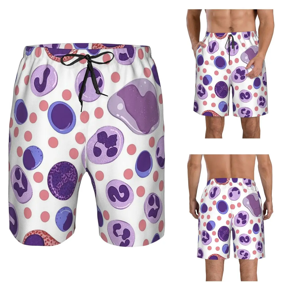 Large White Blood Cell Pattern Trunks Beach Board Shorts Casual Quick Dry Swim Summer Men Pants