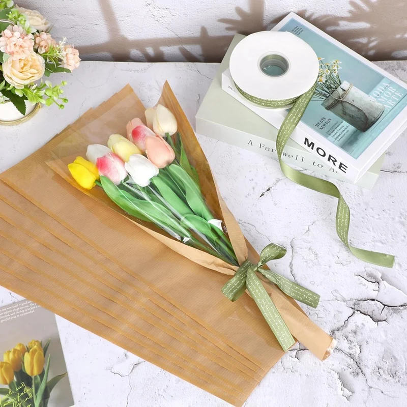 50 Pieces Flower Packaging Bags With Ribbon, Kraft Paper Flower Packaging Bouquet Bags, Suitable For Wedding Birthday