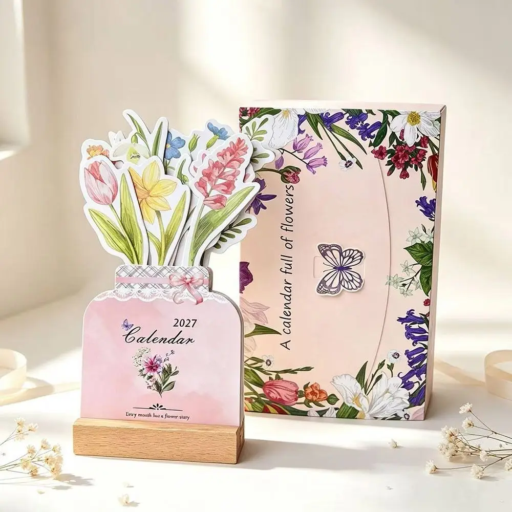 New Paper 2027 Desk Calendar Floral Artwork Monthly Wooden Table Calendar Wooden Base Monthly Desk Calendar Table Decoration