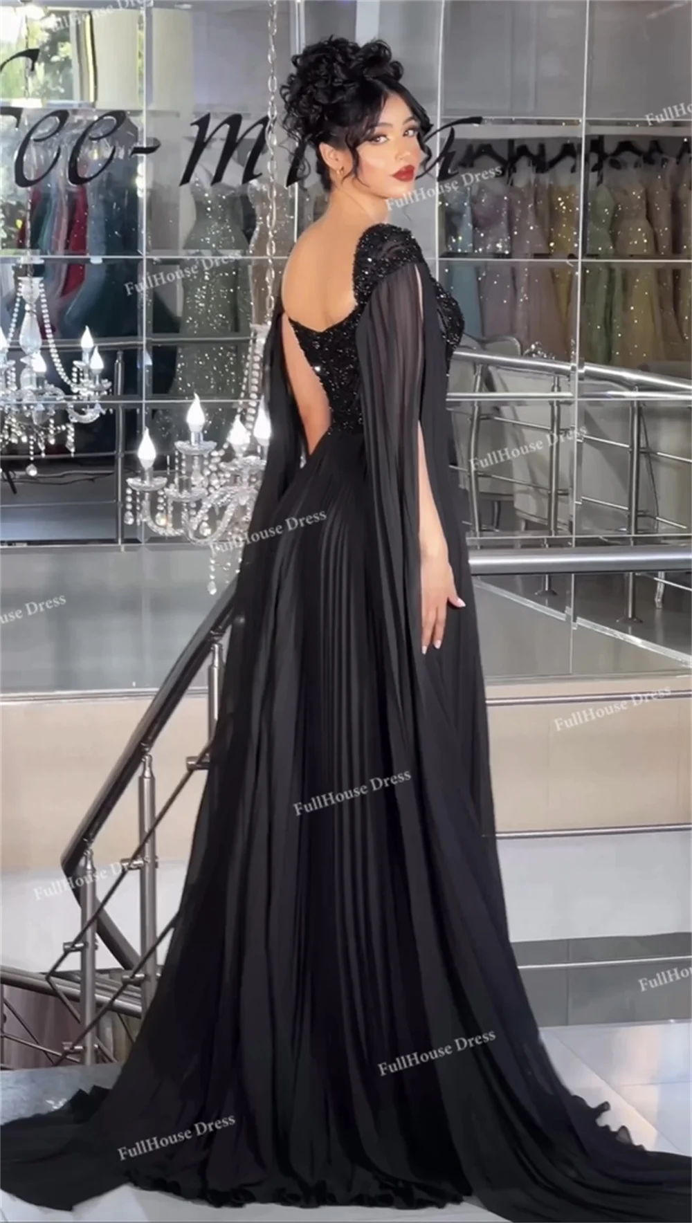 Vestido de noche plisado de gasa con cuello en V negro hecho a medida, vestido de noche sin espalda hasta el suelo con cuentas, vestido saudí brillante con tren de barrido