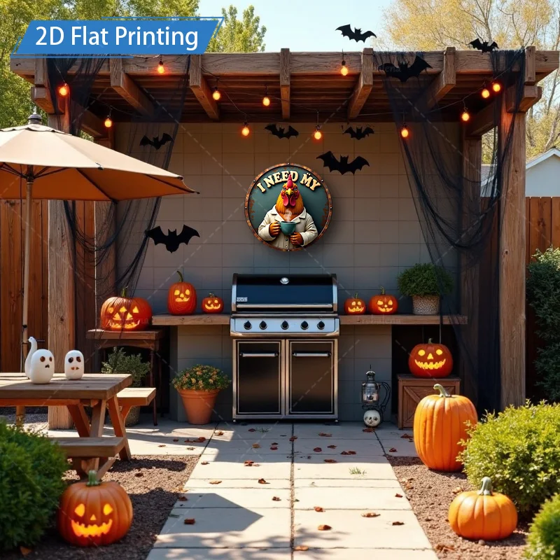 1 قطعة 8x8 بوصة علامة معدنية للهالوين علامة معدنية للدجاج "أنا بحاجة إلى قهوتي" فن جداري مزخرف