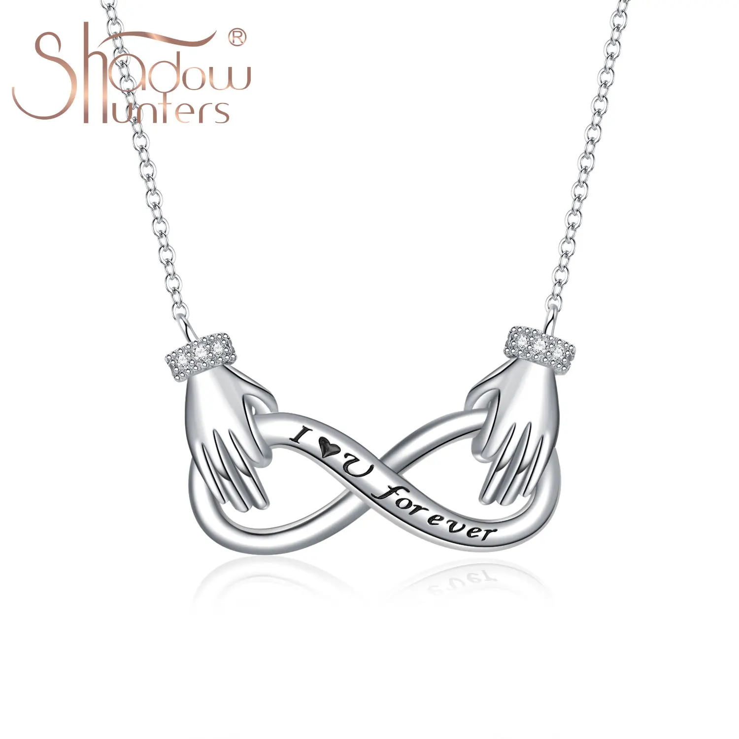 

925 Sterling Silver Infinity Pendant Necklace Two Hand Hug Fine Engraved "I Love Forever" letter Unique Infinity Necklace Adjust
