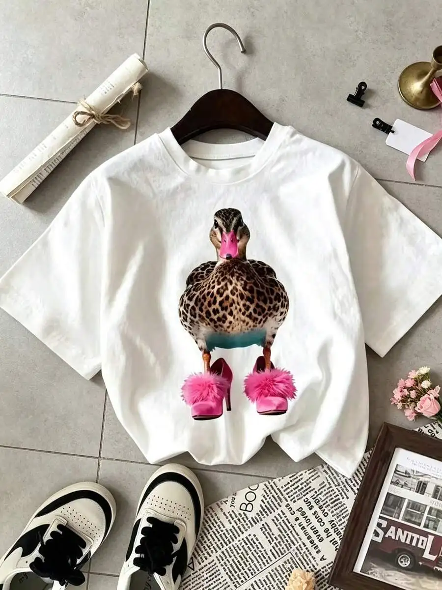 Unisex Short Sleeve T Shirt Funny Leopard Print Duck Graphic Summer Streetwear Casual Daily Wear Trendy Summer Outfit Top