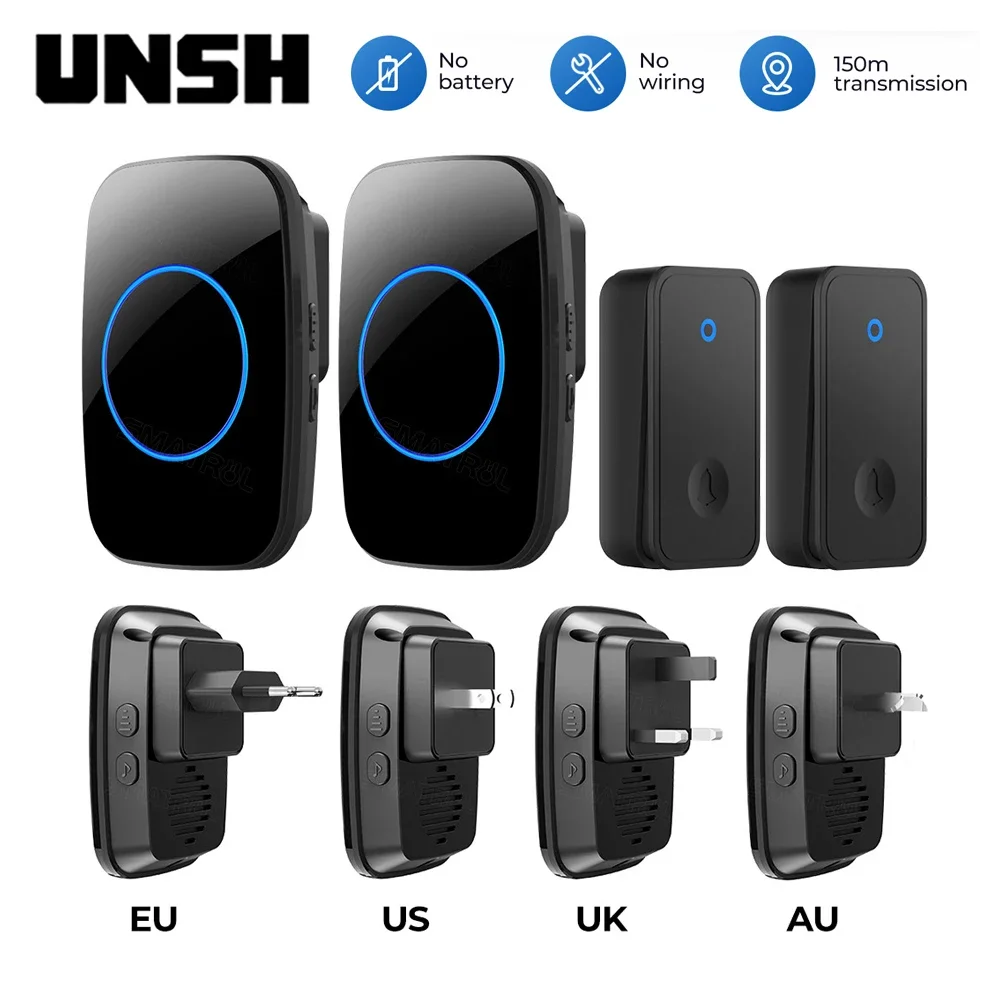 Self Powered Waterproof Wireless DoorBell Door Bell Chime Kit Smart Home No Battery Electric EU UK US Plug 1 2 Button Receiver