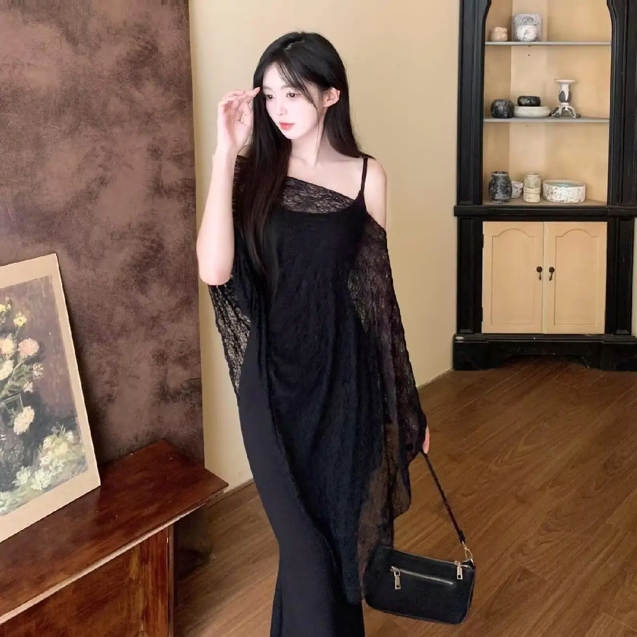 Spicy Beautiful Style Sling Dress Set Women's Spring and Summer Sunscreen Shawl Poncho Sexy Fishtail Skirt