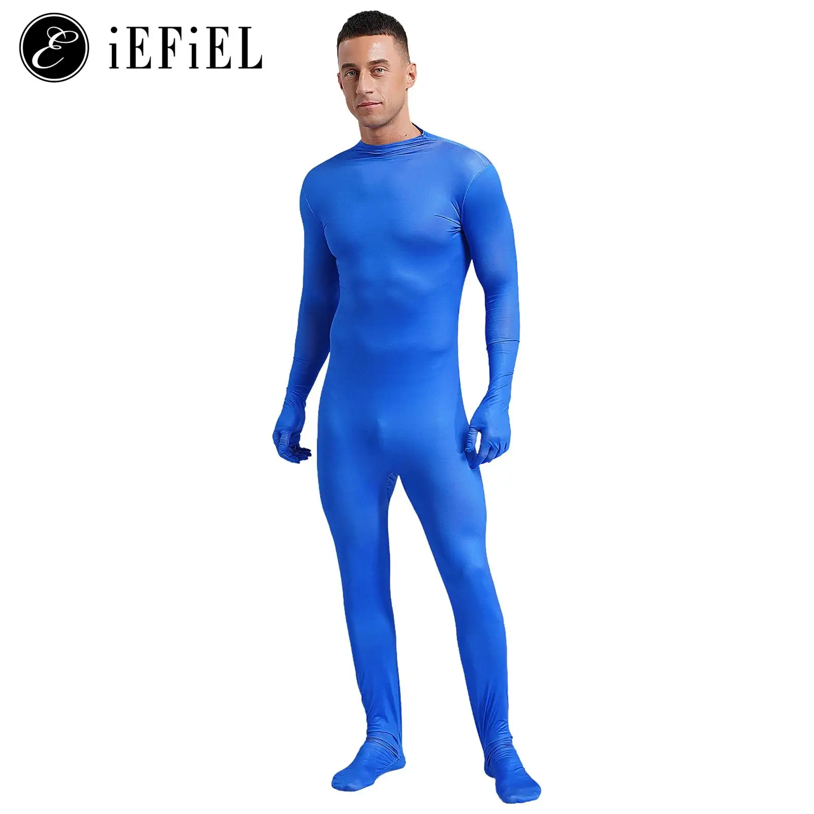 Men\'s Solid Color Mock Full Body Cover Zentai Full Fingers One Piece Footed Bodysuits Stretchy Dance Jumpsuits