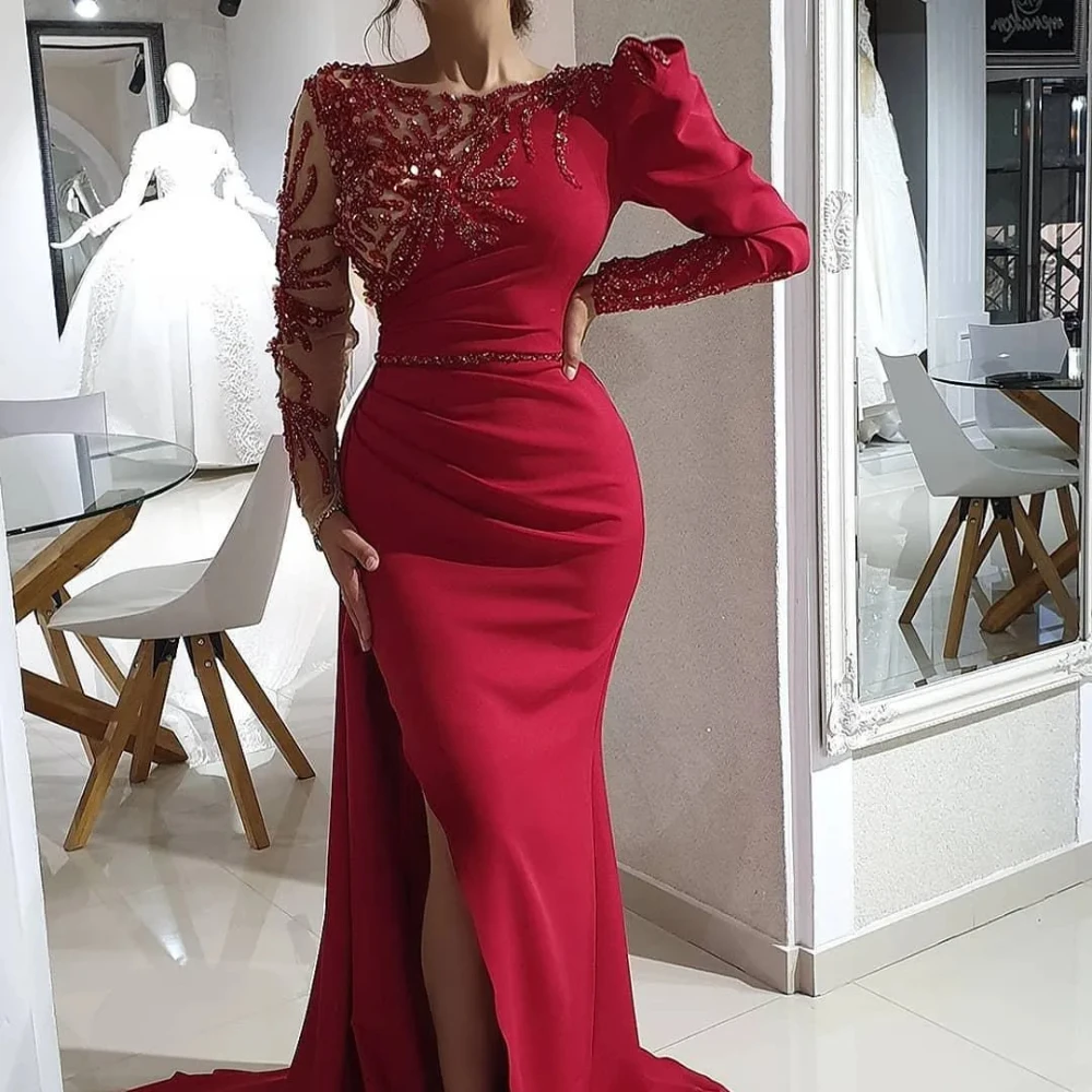 Mermaid Luxury Evening Dress Sparkling Decal Long Sleeve Sexy Sweep Train Side Slit Ladies Robe