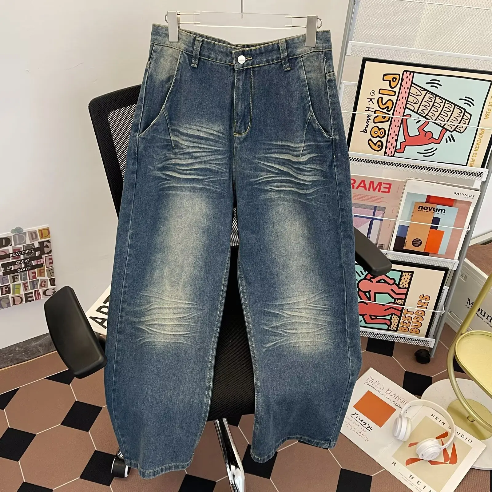 

Original Baita American Retro Washed mid Waist Straight Leg Jeans Men Women Match New Loose Slimming Long Casual Pants