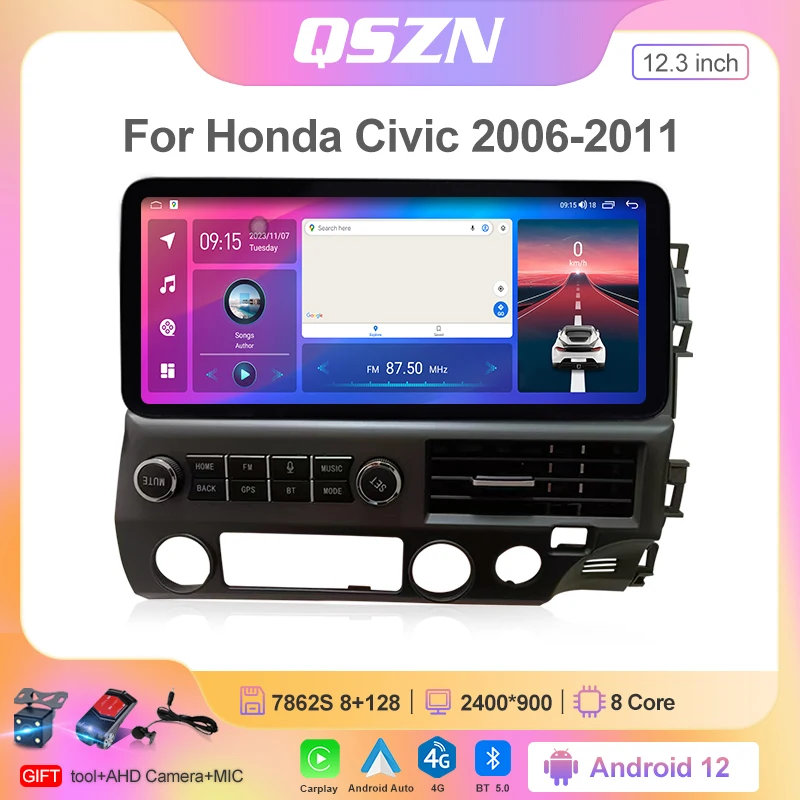 For Honda Civic 2006-2011 Android 12 Car Radio Multimedia Video Player GPS CarPlay 12.3 INCH Screen Head Unit 2K QLED Stereo