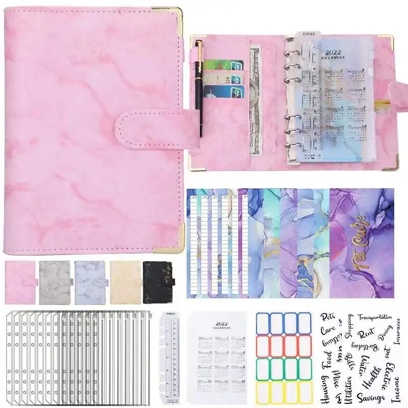 A6 PU Leather Notebook Binder Budget Planner Organizer System with Zipper Cash Envelopes,Budget Sheets,Sticker Labels for Saving