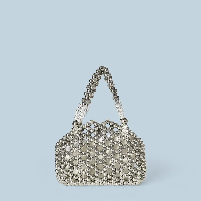 Black Silver Round Acrylic Beads Beaded Handbag Luxury Design Hand-woven Shining Hollow Out Evening Bag Wedding Party Clutches image 2