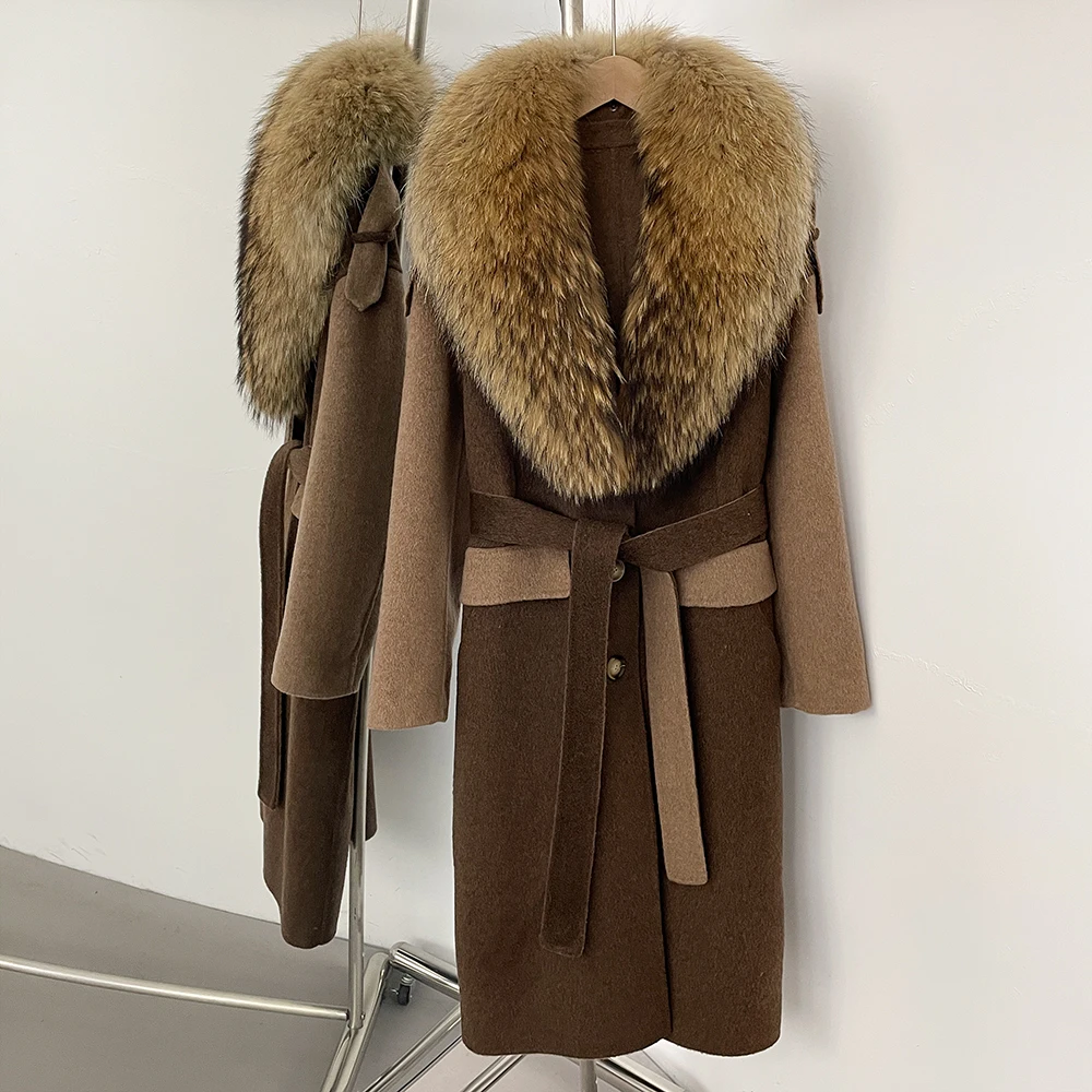 

Wool Blend Coat Women Belt Lace Up 2025 New Real Fox Fur Jacket Hooded Autumn Winter Long Large Fur Coat Female Outerwear