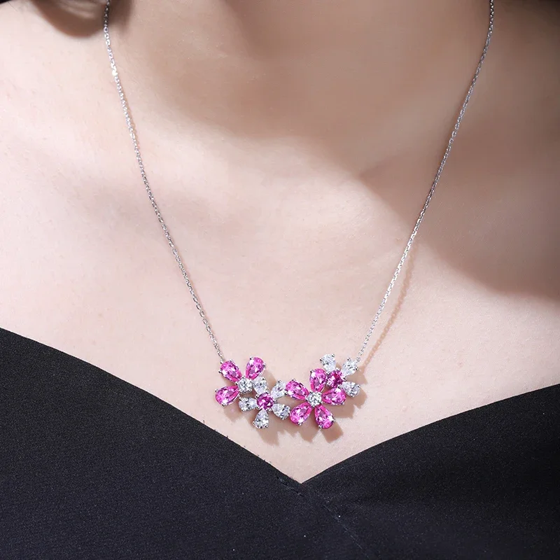 RUIF Beaut-collar de plata de ley 925 con diseño de flor rosa para mujer, gemas de zafiro Rosa cultivadas en laboratorio, joyería para fiesta