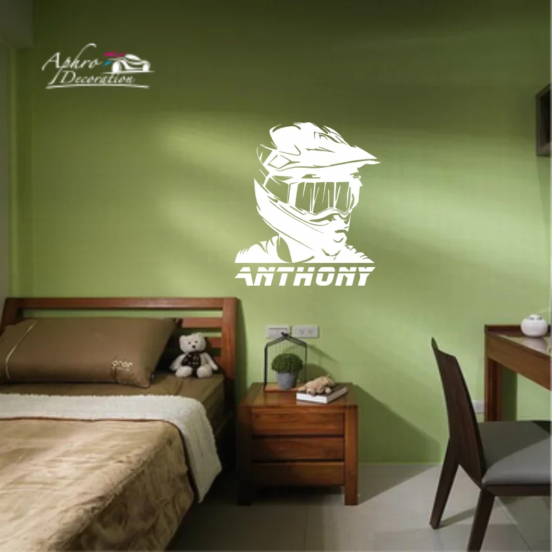 اسم شخصي دراجة نارية ملصقات الحائط ، موتوكروس سباق ألعاب الدراجة ، خوذة الشارات ، غرفة الأولاد المنزل ، جدار الفن ديكور ، هدية