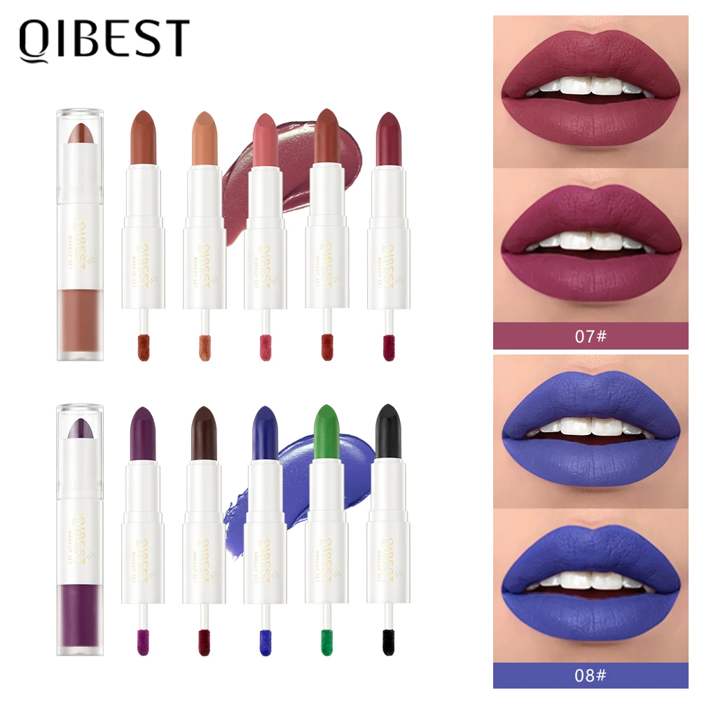 QIBEST 10 Colors High Quality Double Head Lip Gloss Glaze Stick Moisturizing Lightweight Matte Liquid Lipstick Makeup Lip Stain