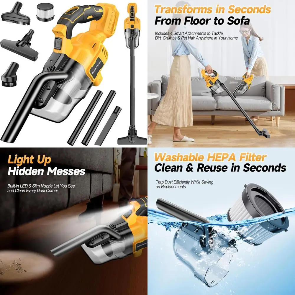 

20V Battery-Powered Handheld Vacuum: 16000Pa Suction, 2 HEPA Filters, 4 Nozzles for Car, Home, Garage - Lightweight & Portable
