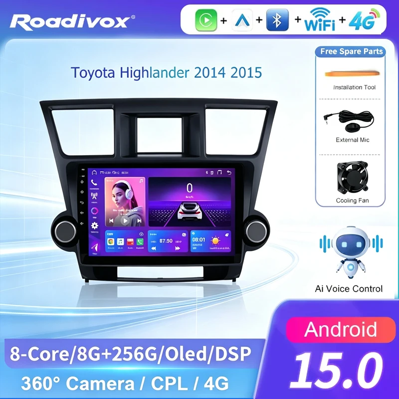 roadivox AI VOICE Android car radio for Toyota Highlander 2014 2015 stereo GPS Navigation video Multimedia Player tape