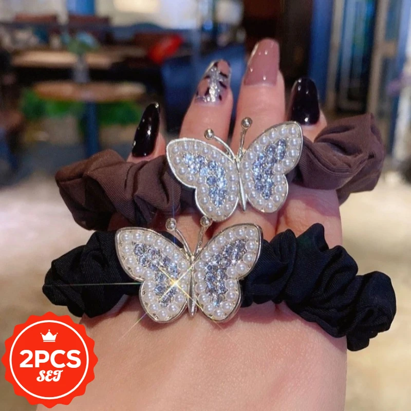 

2Pcs/set Butterfly Knot Hair Rope Women Hair Tie Rubber Band Hair Elastic Cute Hairband Water Diamond Accessories