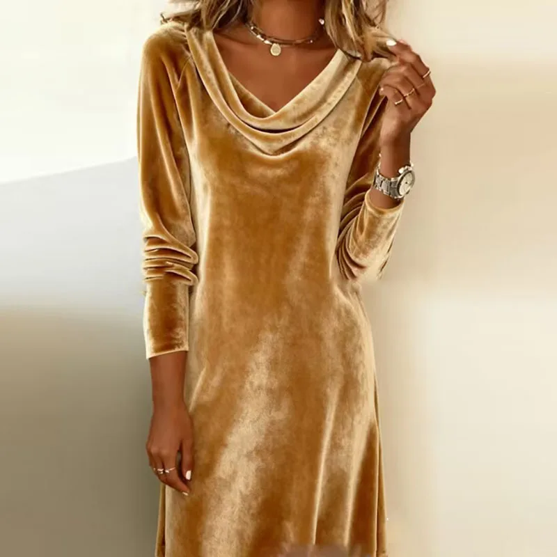 

Осень-зима, однотонные плиссированные мягкие бархатные платья, женское модное длинное вечернее платье с распашным воротником, винтажное пуловерное платье с длинными рукавами