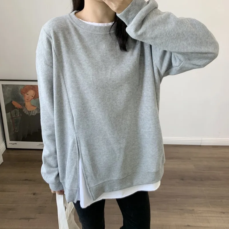 Autumn Women Hoodie Loose Solid Color Pullovers Side Split Fork Sweatshirt Long Sleeves Hoodies O-Neck Tops Y2k Female Clothing