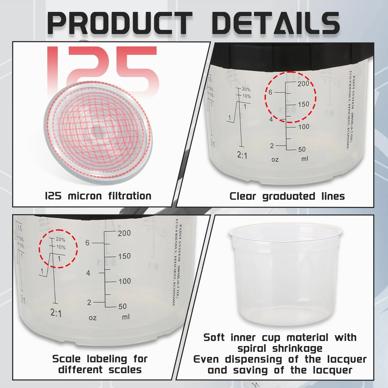 Disposable Paint Spray Gun Cups Liners and Lid System 6 Ounce (200ml) Kit with 50 Cup Liners 50 Lids with 125 Micron Strainer