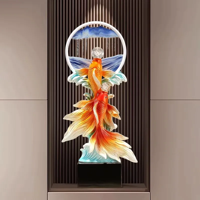 New Chinese Double Goldfish Desktop Decor Ornament Circular Landscape Frame Table Display Craft Vivid Gradient Fish Sculpture
