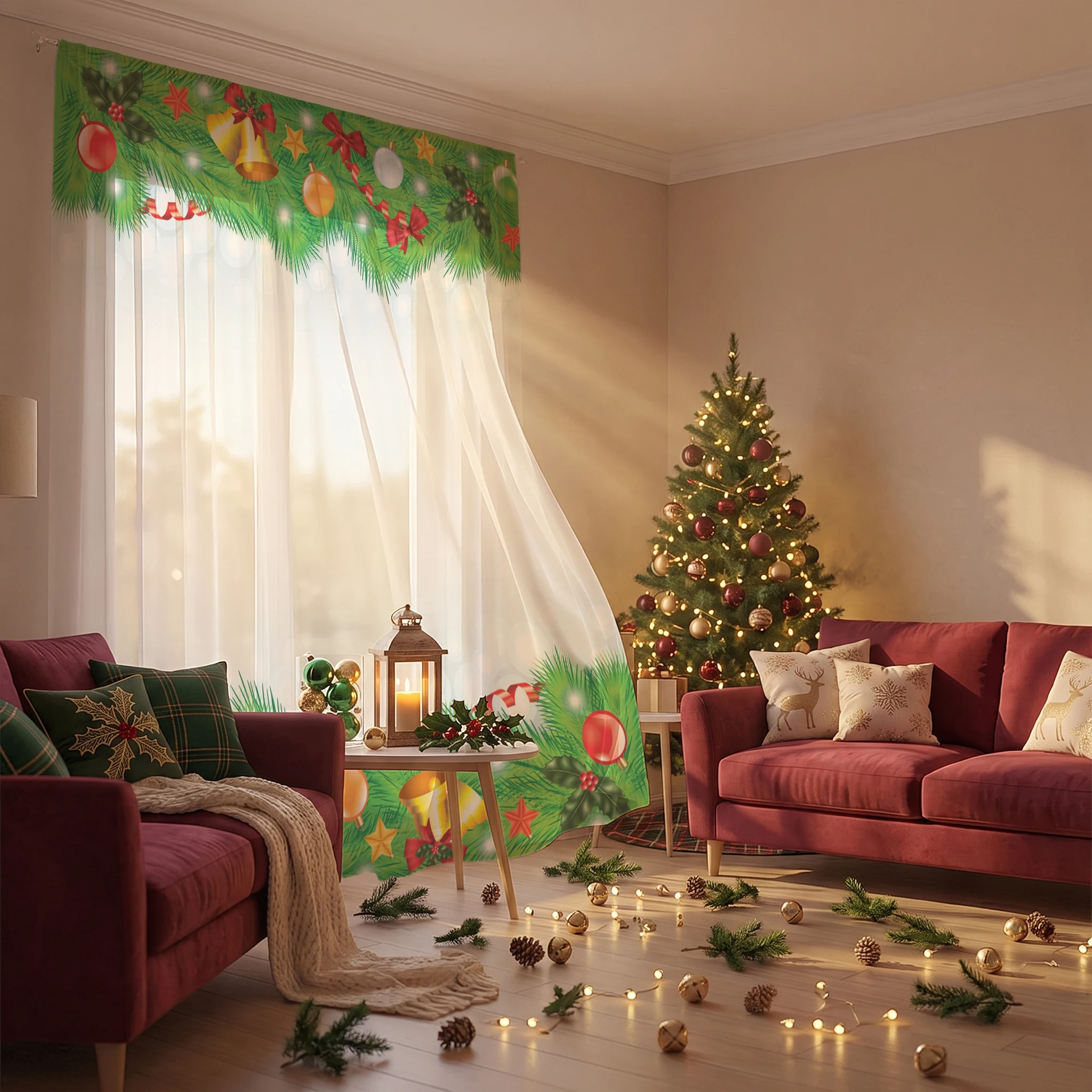 Curtain Sheer Voile - ม่านโปร่งลายระฆังคริสต์มาสและกิ่งสน, ม่านหน้าต่างลายคริสต์มาสสำหรับห้องนั่งเล่น ห้องนอน และบ้านในช่วงเทศกาล