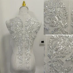 1 Pair White Rhinestone Embroidery Patch Fabric Flower Applique Repair DIY Clothing Wedding Dress Sewing Accessories 45*16CM
