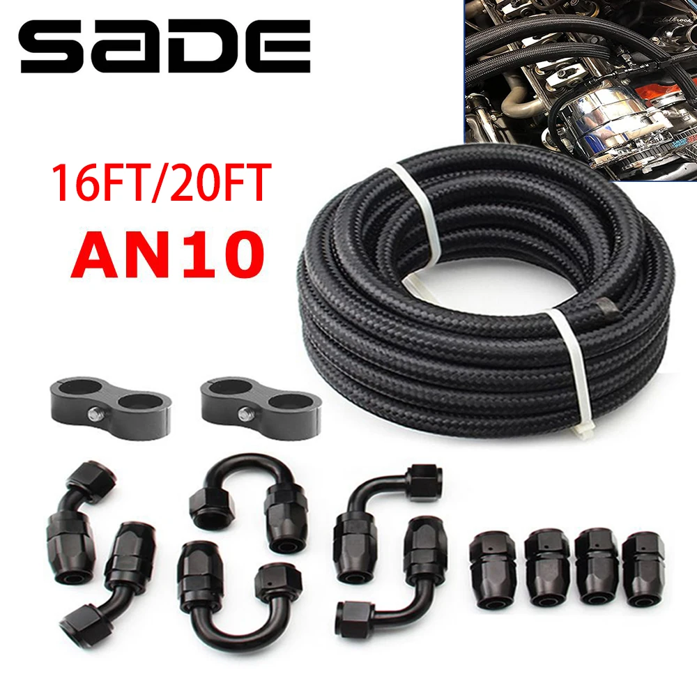 16FT/20FT 10AN AN10 Black Braided Oil Fuel Fittings Hose End 0+45+90+180 Degree Oil Adaptor Kit Oil Fuel Hose Line With Clamps