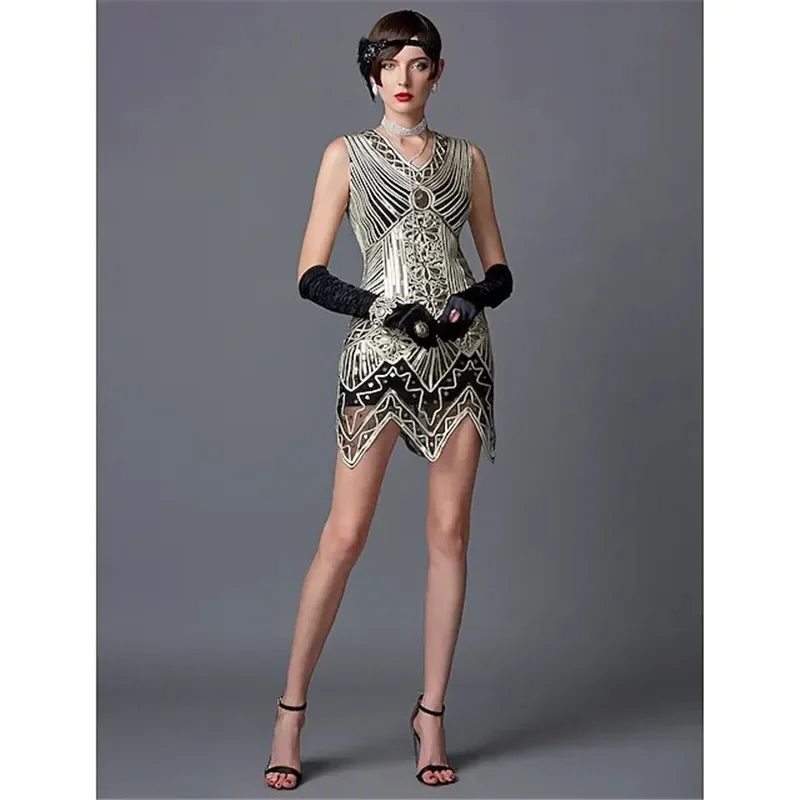 2025 New 1920s Women's Sequin Triangle Hem Dress Sleeveless Gold Thread Embroidery Tassel Gatsby Party Dress