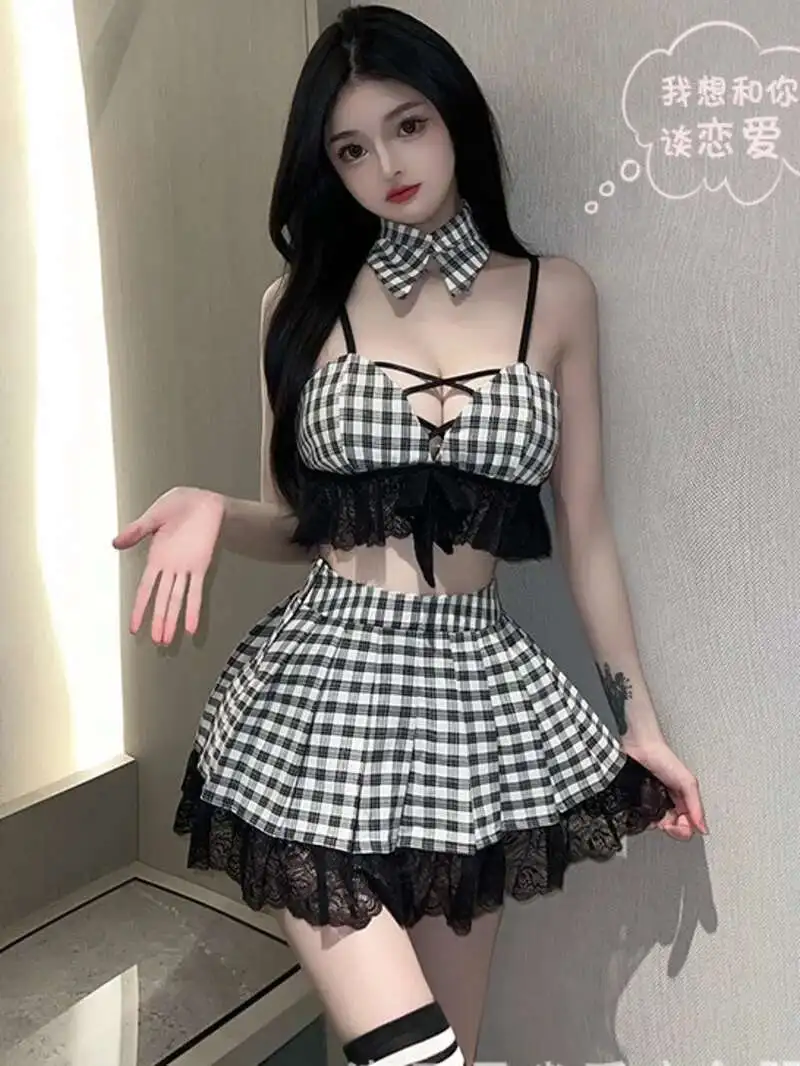 Plaid V Neck Tank Mini Dress Fashion Korean Female Sexy Uniform Seduction Passion Pure Student Dress Elegant Cosplay 1JDL
