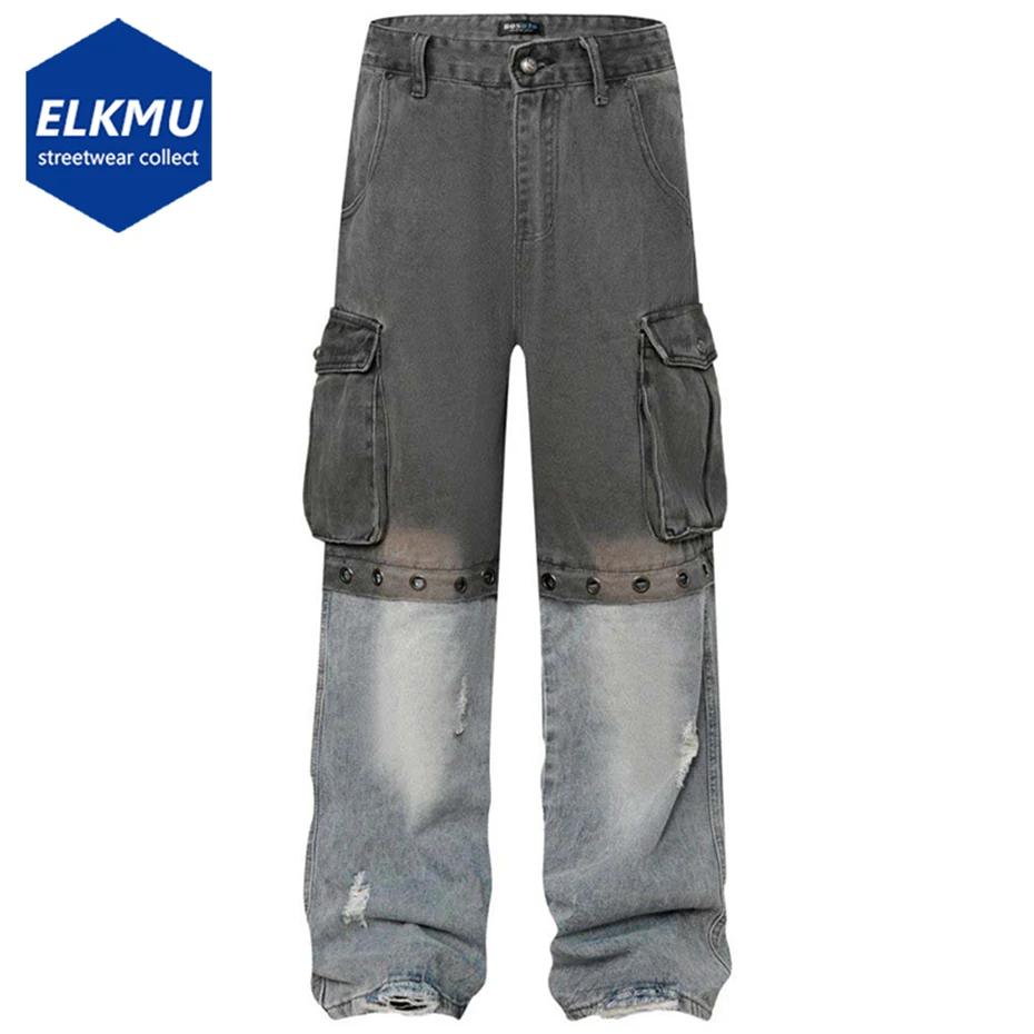 

Men's Hi Street Jeans Side Pocket Ripped Patchwork Vintage Denim Pants Streetwear Harajuku Hip Hop Jeans Trousers