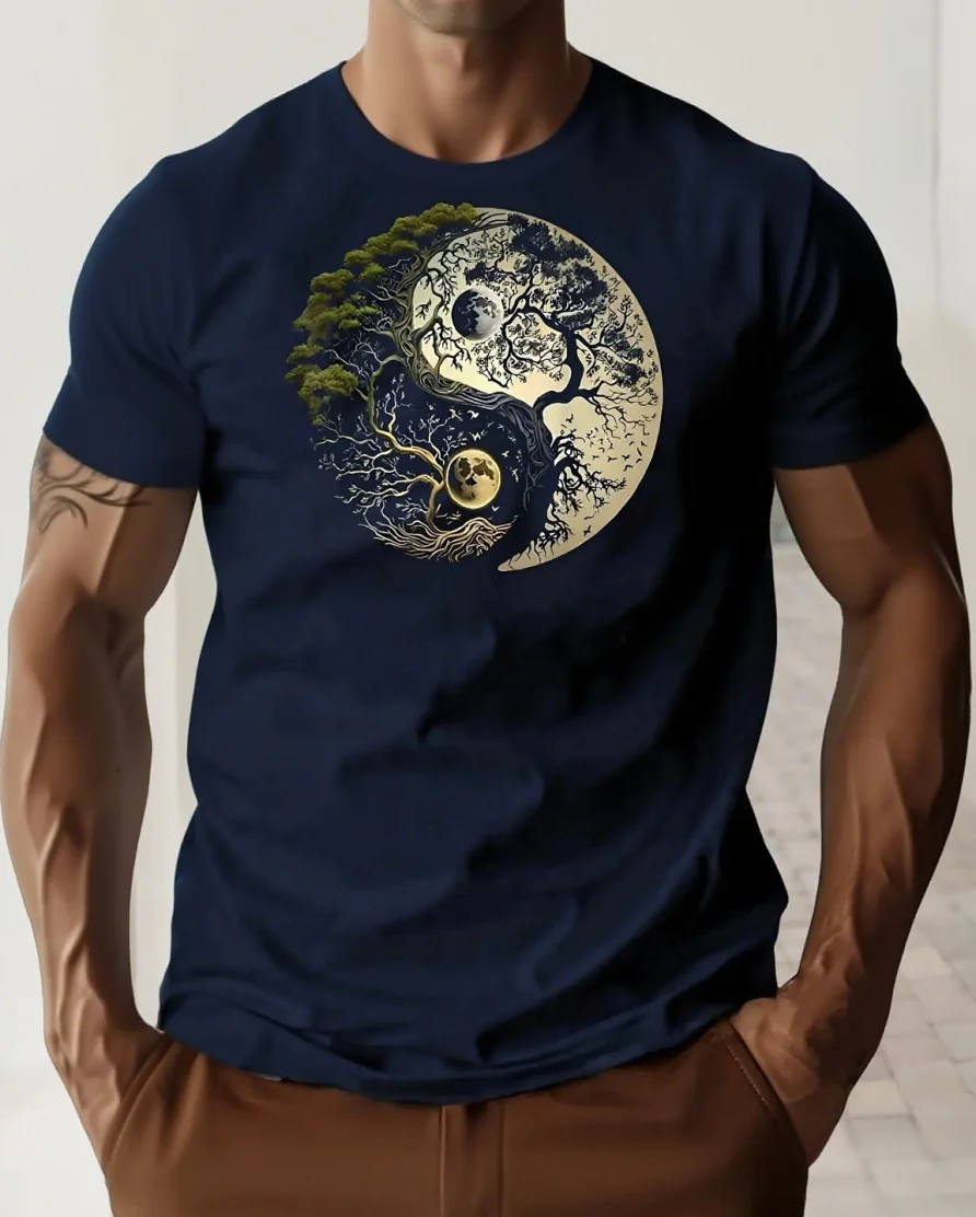 

Men's T-shirt with Yin Yang Moon Tree pattern, summer outdoor wear, soft cotton casual T-shirt, retro spirit art clothing