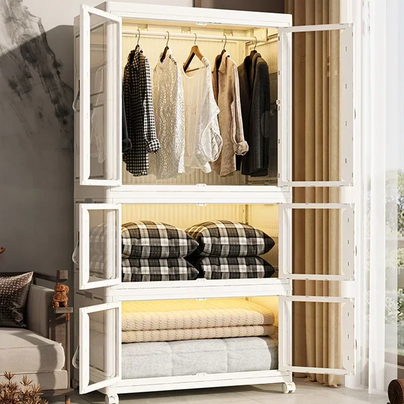 %Folding Wardrobe Transparent Plastic Storage Cabinet With Pulleys For Household Storage Box