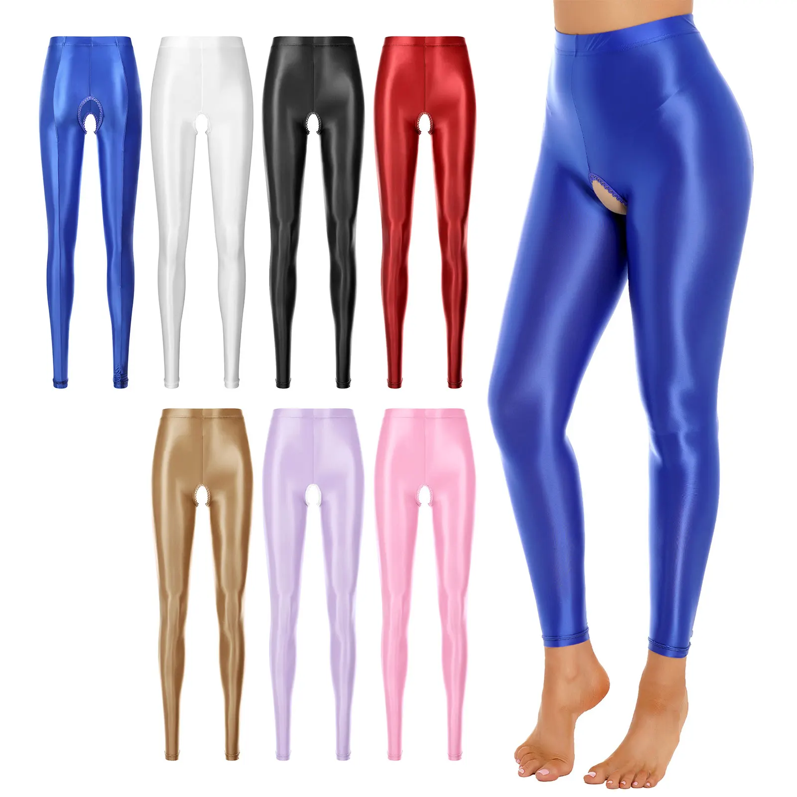 Womens Shiny Glossy Opaque High Waist Tights Hollow Out Pantyhose Training Sports Yoga Pants Skinny Leggings Long Trousers