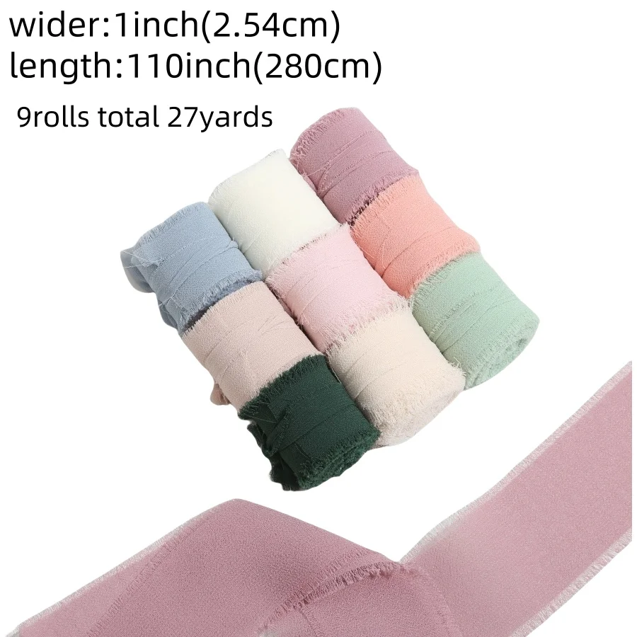9 Rollen/Set ausgefranstes Satin-handgemachtes Chiffon-Seidenband für Hochzeitseinladung, Blumensträuße, Geburtstagsfeier, DIY-Dekoration, Geschenk – Detail 1