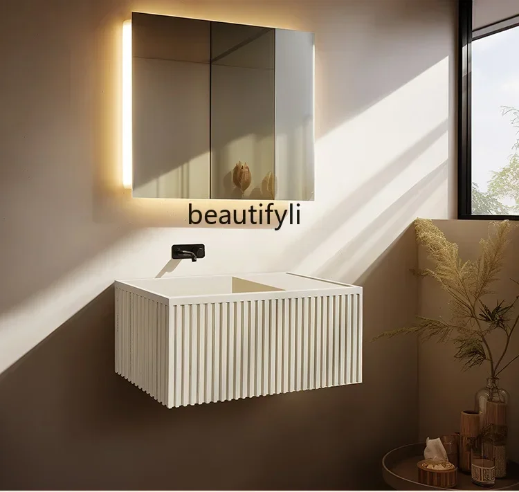 zq1Cream Wind Art Bathroom Cabinet Integrated Wall-mounted Washbasin Designer Wall-mounted Small Size Washstand