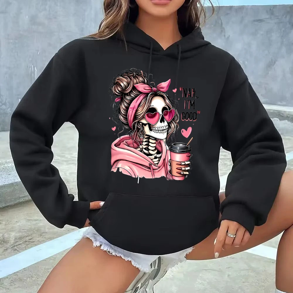Halloween Skull Portrait Skeleton Graphic Printed Long Sleeve Sweatshirt Vintage 2000s Y2K Casual Hoodie Autumn Winter Women Top