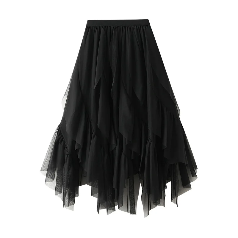 Women's Lotus Leaf Edge A Line Fairy Elastic Waist Tulle Skirt Midi High Waist Mesh Dress Solid Color Irregular Yarn Skirt D8808