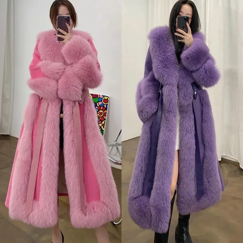 Winter Long Warm Thick Wool Faux Fur Coat Women Fur Collar Scarf Cuff Runway Loose Luxury Designer Clothing Women 2023 Fashion