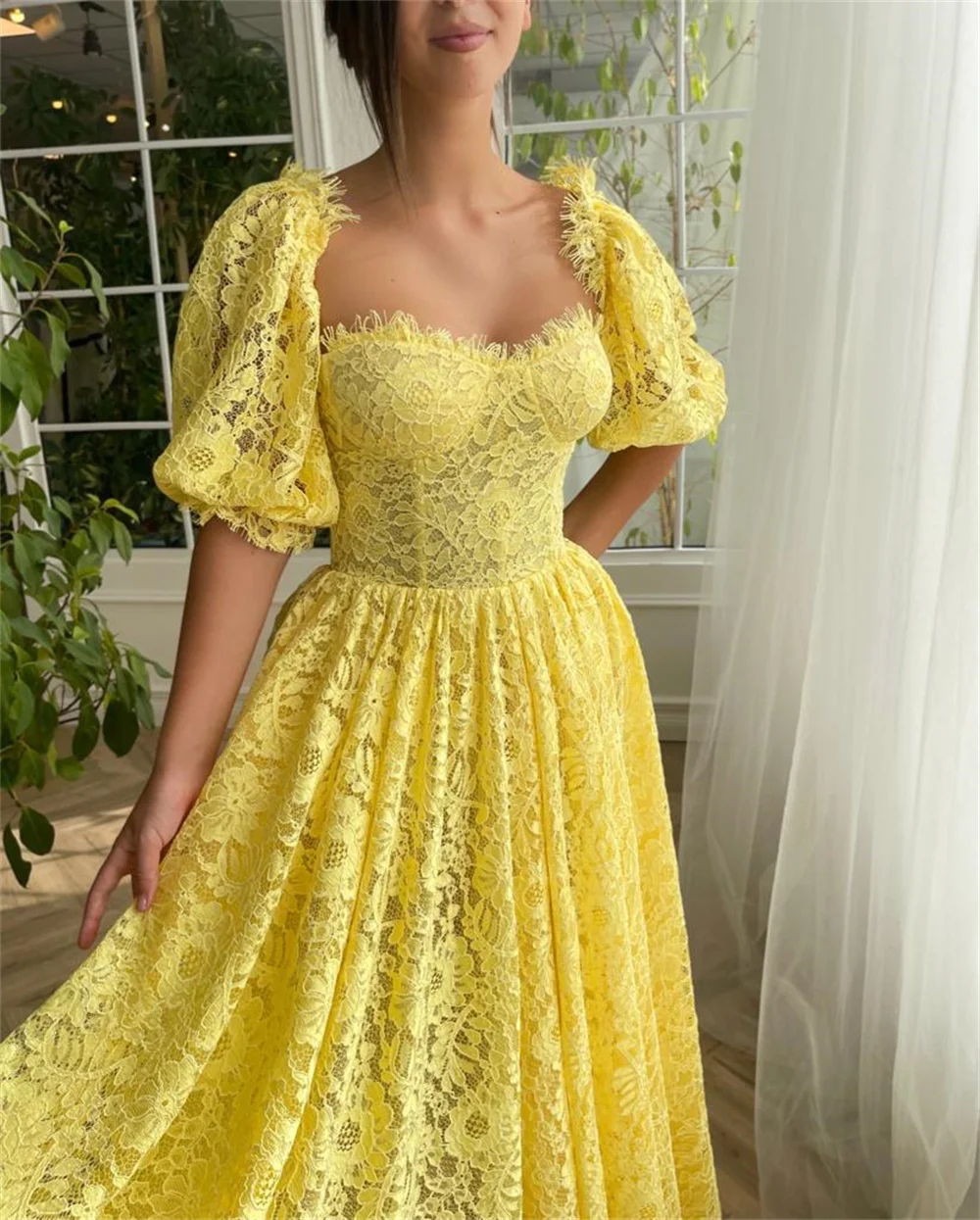 Delicados vestidos de fiesta de encaje amarillo para mujer, media manga hasta el tobillo, vestidos de noche formales por debajo de la rodilla,